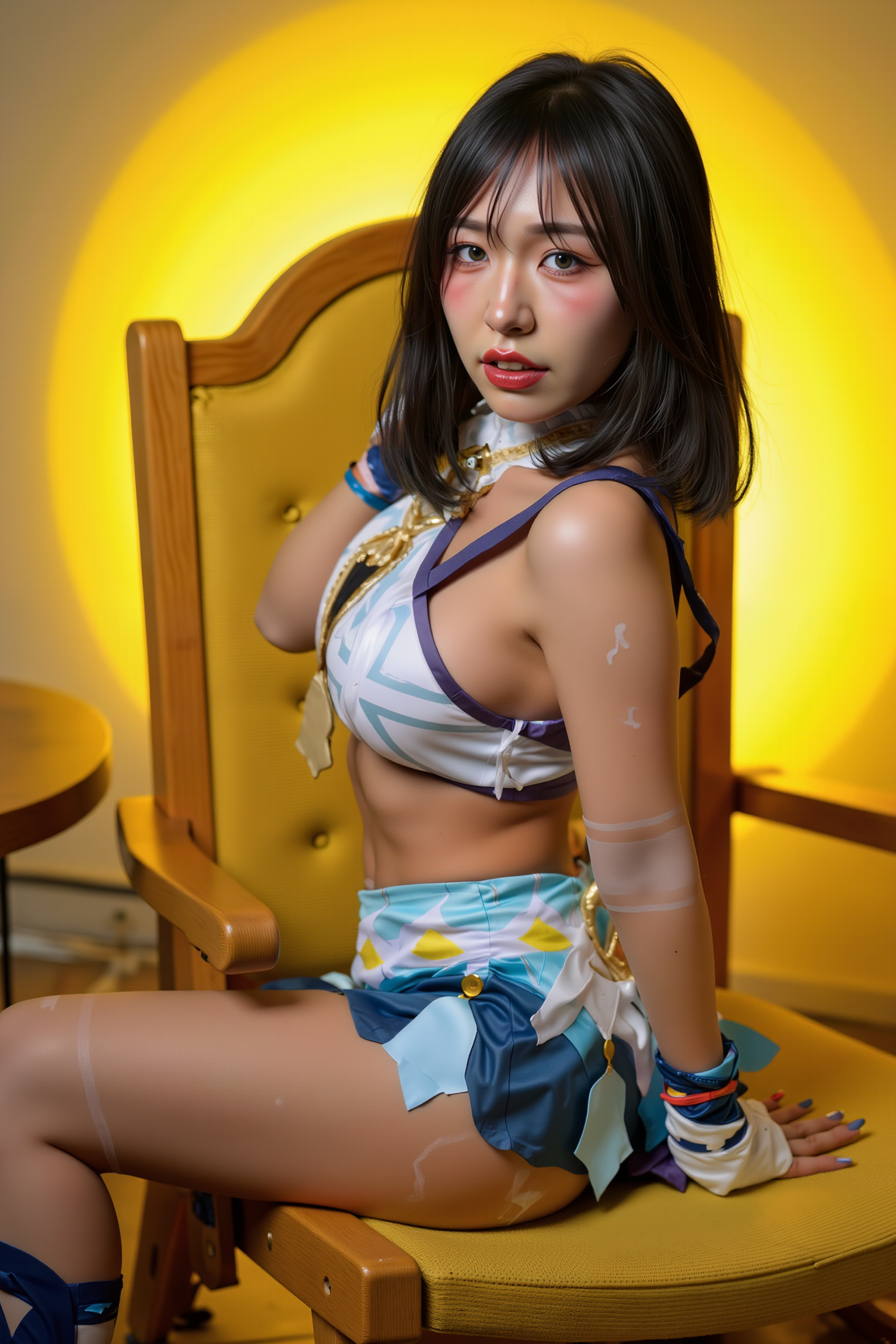 A professional, high-resolution image of a young woman is posed in a confident seated position on an ornate gold and light yellow throne-like chair. They're seated with one leg extended forward, creating a dynamic line that draws the eye through the composition. The pose features a slight turn of the upper body toward the camera while maintaining an elegant S-curve silhouette.

She is wearing a SGWN53Clothing. Her makeup is dramatic, with dark eyeliner and bold, glossy pink lips. 

The lighting features a high-contrast, monochromatic white color scheme that creates a moody, intimate atmosphere. 

The photography technique uses what appears to be soft lighting to create a glamorous effect, with careful attention to highlighting contours while maintaining the dominant light yellow color scheme throughout the frame.

The overall aesthetic combines elements of fashion photography, traditional Asian visual motifs, and contemporary boudoir styling. The dramatic light yellow lighting creates a cohesive visual theme that ties all elements of the composition together.

The white light emit on her to show her feature.