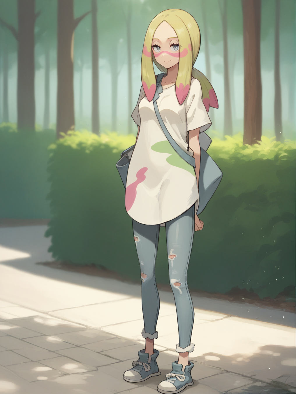 score_9,score_8_up,score_7_up,score_6_up,rating_explicit,source_anime BREAK
1girl, solo, mina (pokemon), blonde hair, long hair, facepaint, multicolored_hair, grey eyes, eyelashes, parted bangs, medium breasts, white pupils,
denim, stained clothes, torn clothes, torn pants, oversized clothes, oversized shirt, pants, shirt, short sleeves, sidelocks,
bag,
standing, smile, full body, portrait, bokeh, light particles, dynamic angle,
outdoors, forest,
<lora:mina_v1_0:0.8>