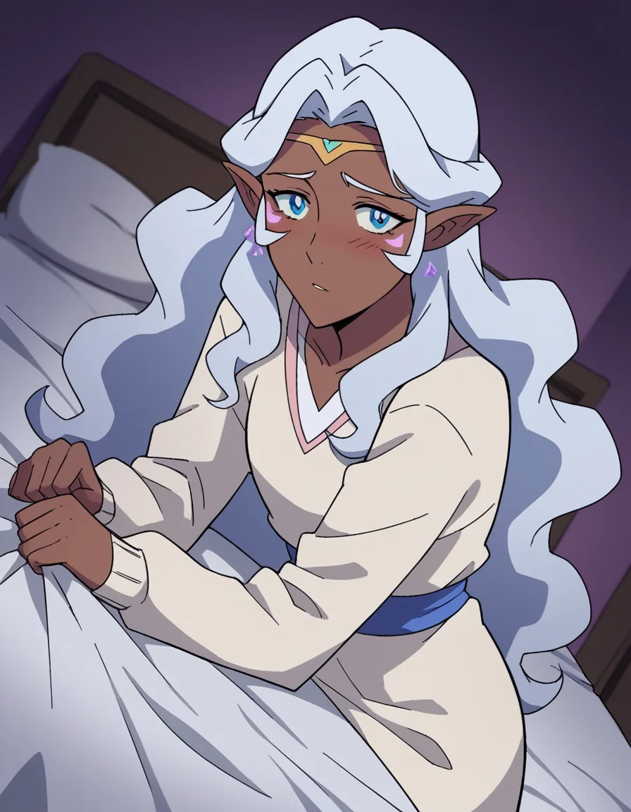 score_9, score_8_up, score_7_up, source_anime,
princessallura, <lora:princess-allura-anime-ponyxl-lora-nochekaiser:1>,
allura, blue eyes, white hair, pointy ears, dark skin, dark-skinned female, facial mark, elf, dark elf,
long hair, wavy hair, cardigan, long sleeves, dress, white dress,
indoors, bed, bed room, on side, blush, drunk,
looking at viewer, cowboy shot, solo, dutch angle,