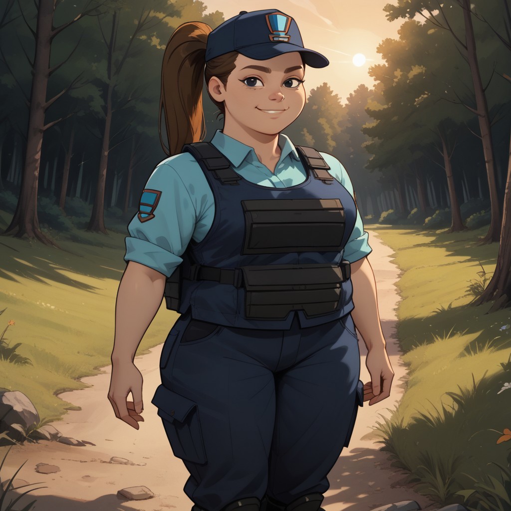 score_9, score_8, BREAK, solo, body armor, 1girl, light cyan shirt, dark blue cargo pants, boots, plump, brown hair, ponytail, black eyes, cap with a symbol, breasts, total drama, MacArthur_(Total_Drama), tdtrr, cute, sexy pose, self portrait, smile, outdoors, sunlight, shadows, evening lighting, natural lighting, forest, trees, grass, orange sky, sunset