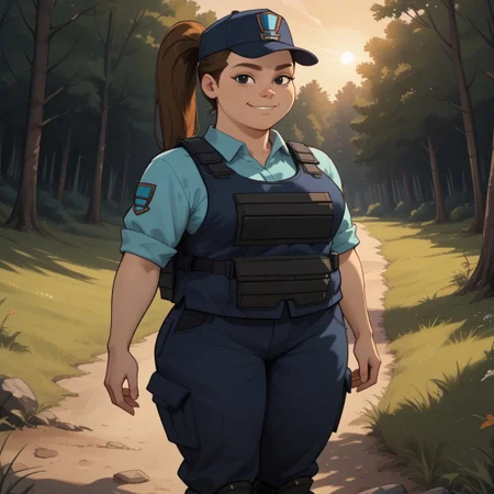score_9, score_8, BREAK, solo, body armor, 1girl, light cyan shirt, dark blue cargo pants, boots, plump, brown hair, ponytail, black eyes, cap with a symbol, breasts, total drama, MacArthur_(Total_Drama), tdtrr, cute, sexy pose, self portrait, smile, outdoors, sunlight, shadows, evening lighting, natural lighting, forest, trees, grass, orange sky, sunset