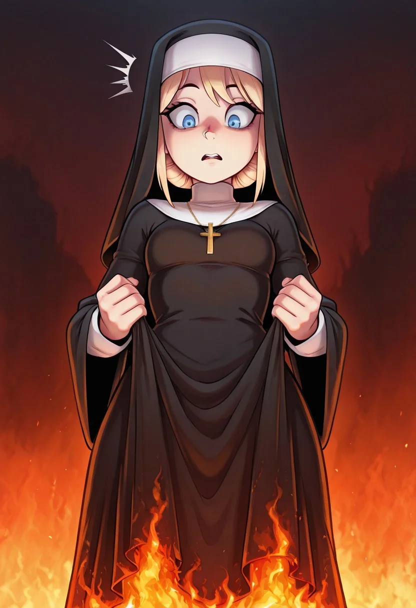 masterpiece, best quality, amazing quality, toh_draws, 1girl, blonde hair, bun, blue eyes, slender body, solo, nun hat, small breasts, nun habits, hell, looking down, scared, surprised, burning clothes, holding robes <lora:TheOtherHalf_ilXL-04:1>