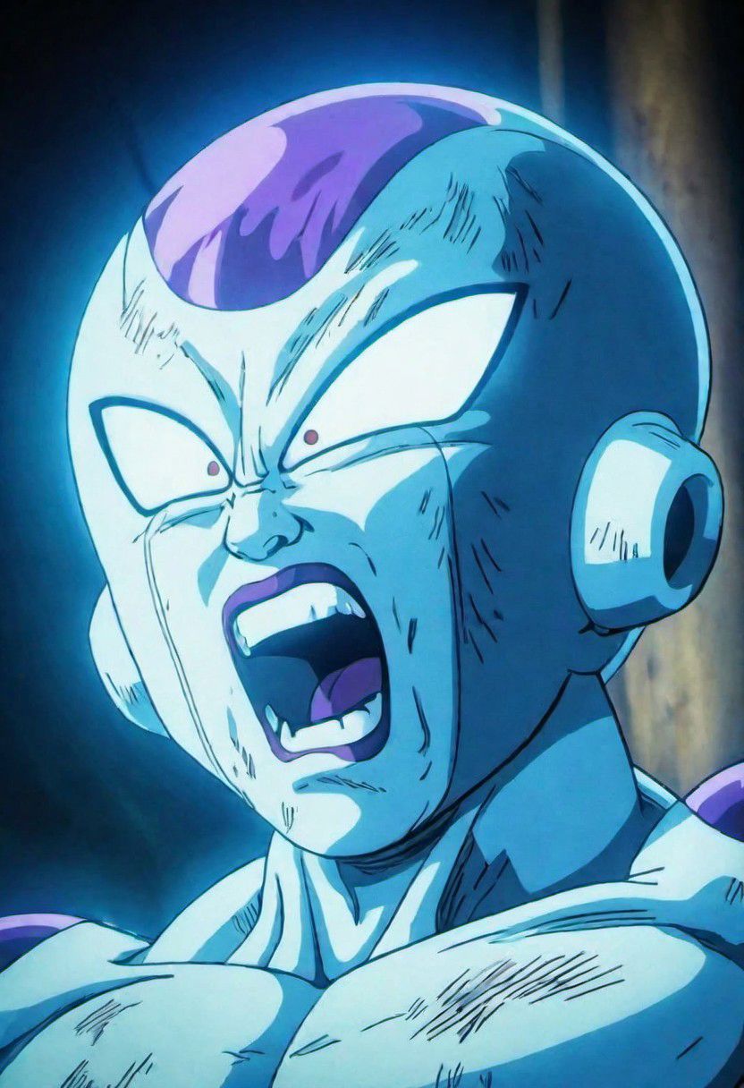 (best quality, masterpiece, detailed, highly detailed face) of a haunting scene with Freezer (Ball energy) in a battle . Emphasize atmosphere, high contrast, and interplay of shadow and light, colorful, detailed face perspective from below