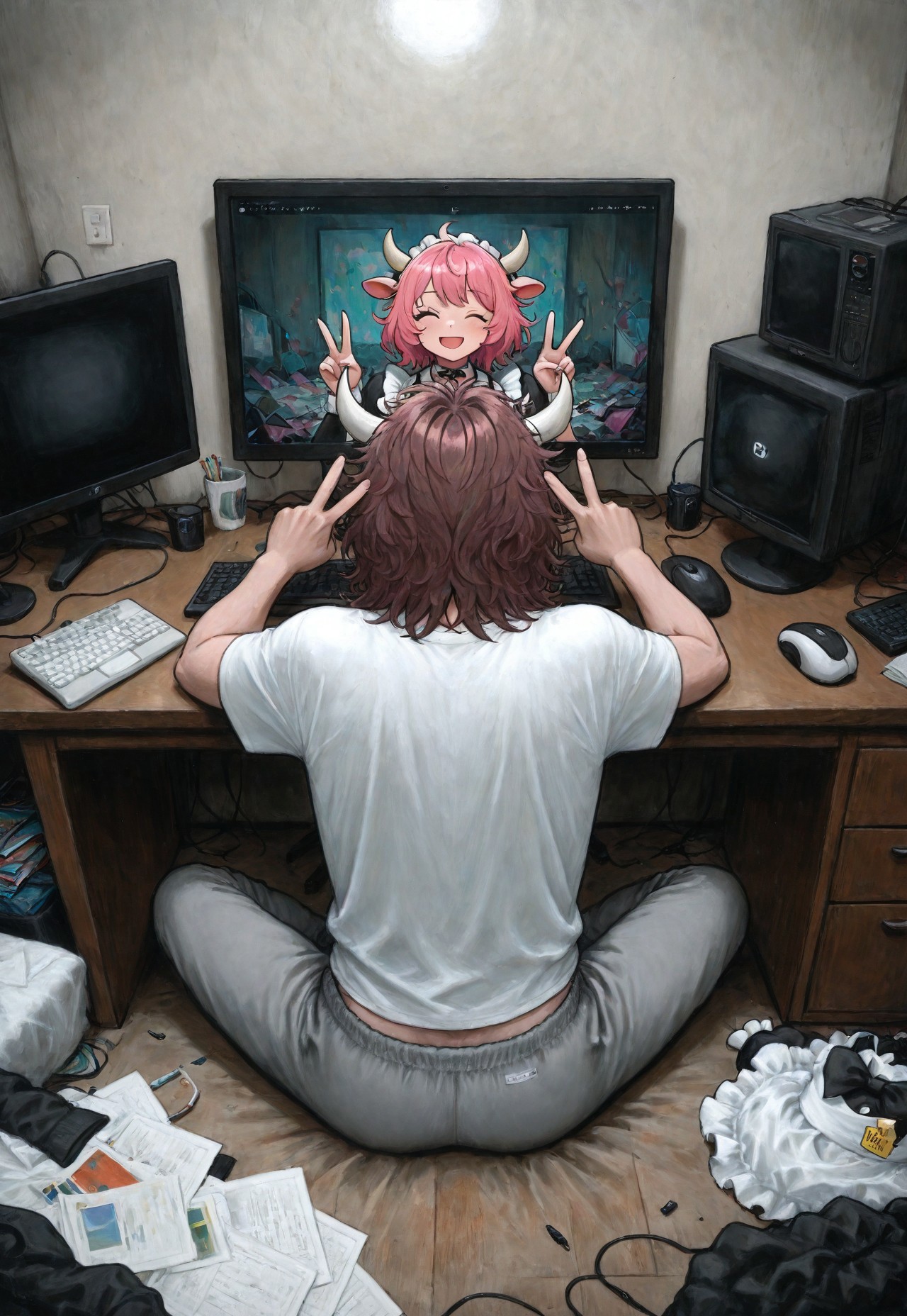 (solo focus), lukch, painting_\(medium\), no humans, male focus, different,
from behind, sitting, at desk, computer, cow horns, messy hair, brown hair,
shirt, sweatpants,
messy room, bedroom, computer monitor, screen, watching, 1girl, anime, pink hair, medium hair, maid, idol, pose, wink, v,
traditional media, best quality, absurdres
