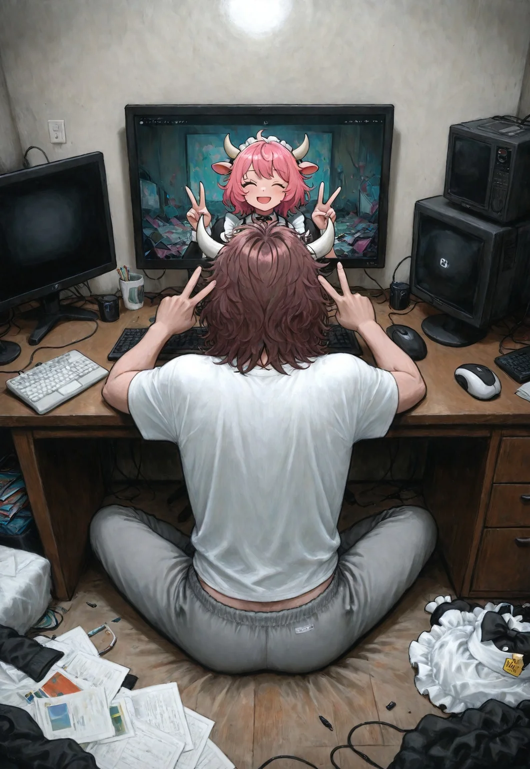 (solo focus), lukch, painting_\(medium\), no humans, male focus, different,
from behind, sitting, at desk, computer, cow horns, messy hair, brown hair,
shirt, sweatpants,
messy room, bedroom, computer monitor, screen, watching, 1girl, anime, pink hair, medium hair, maid, idol, pose, wink, v,
traditional media, best quality, absurdres