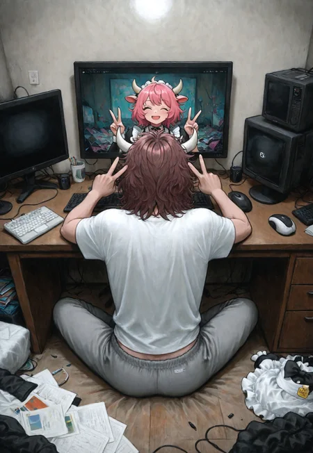(solo focus), lukch, painting_\(medium\), no humans, male focus, different,
from behind, sitting, at desk, computer, cow horns, messy hair, brown hair,
shirt, sweatpants,
messy room, bedroom, computer monitor, screen, watching, 1girl, anime, pink hair, medium hair, maid, idol, pose, wink, v,
traditional media, best quality, absurdres