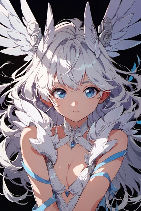 white hair,1girl,long hair,solo,black background,looking at viewer,closed mouth,bangs,simple background,wings,blue eyes,score_9,score_8_up,score_7_up,<lora:hrn_yc_XL_PONY:0.9>,