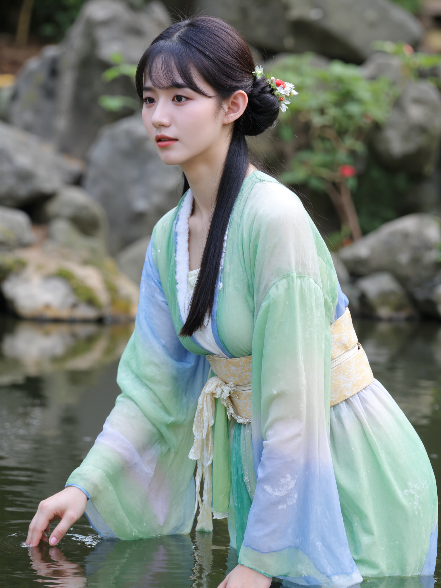 This is a high-resolution photograph capturing a young Asian woman with fair skin and long, straight black hair styled in a side ponytail with a floral accessory. She is dressed in a semi-transparent, pastel-colored kimono with shades of green, blue, and white, which gently flows in the water. The woman is leaning forward, her hand delicately touching the water, creating ripples. She has a serene expression, looking off to the side. The background features a blurred, natural setting with rocks and water, suggesting a tranquil outdoor location, possibly a Japanese garden. The lighting is soft and natural, highlighting the delicate texture of her kimono and the gentle movement of the water. The camera angle is slightly low and to the side, emphasizing her contemplative pose. The composition uses the rule of thirds, placing the woman off-center, with the water and rocks providing a natural frame.