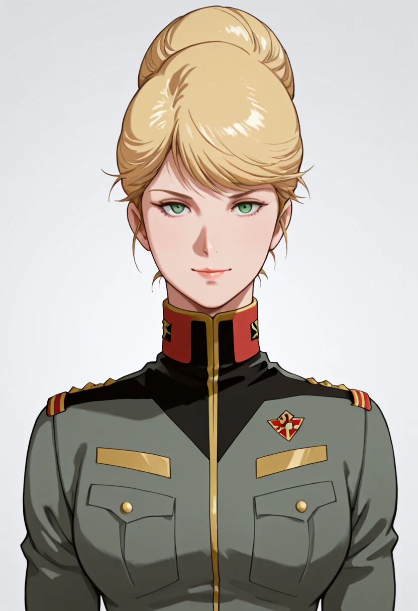 lazypos, masterpiece, best quality, amazing quality, unity 8k wallpaper, very aesthetic, absurdres, newest, (detailed eyes:1.4),((ultra detailed hair:1.4)),((Dynamic Angle))
BREAK
1girl, solo, 24 years old, Cr0wley,h4m0n, Blonde hair, single hair bun, green eyes,<lora:Crowley_Hamon_-_GUNDAM_THE_ORIGIN_-_100percent_-_Manga:1>,
r_military gray uniform,
BREAK
,((blank background)) ((upper body)),straight-on
looking at the viewer, kind, light smile