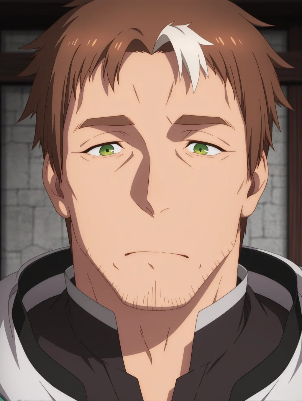 masterpiece, best quality, amazing quality, 1 boy, solo, male focus, Beryl Gardinant, brown hair, facial hair, green eyes, multicolored hair, stubble