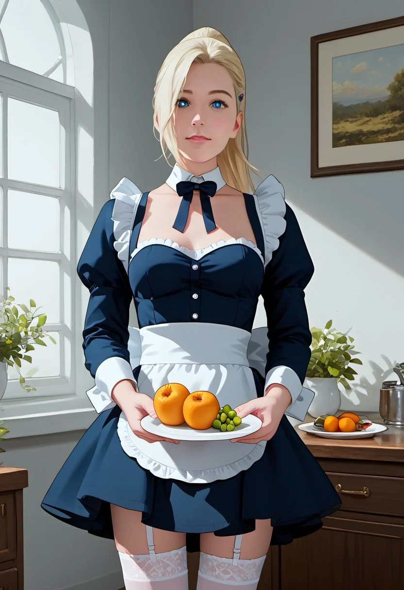 1girl, solo, score_9_up, score_8_up, score_7_up, score_6_up, cute face, detailed and beautiful face, detailed and beautiful eyes, cute girl, inoYamanakaPDXL, blonde, ponytail, blue eyes, medium breasts, maid outfit, white stockings, holding a plate full of fruits, looking at viewer, standing, room, detailed, intricate details, realistic, FaceDetail, stunning, masterpiece,