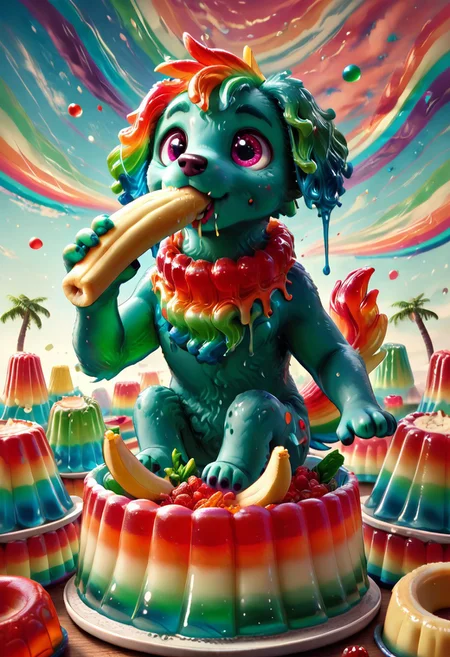 a cute chibby dog with big eyes made out of Jellystyle, he is eating a clay banana, very detailed, 4k, sharp, eating rainbow worms, novuschroma51 style