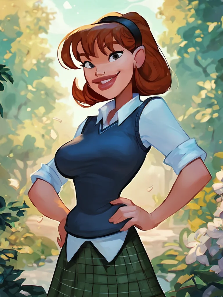 sharona, 1girl, hairband, breasts, solo, lips, school uniform,sweater vest,looking at viewer, smile, hand on own hip, score_9, score_8_up, score_7_up, score_6_up <lora:SharonaPony1.0:1> outdoors,
