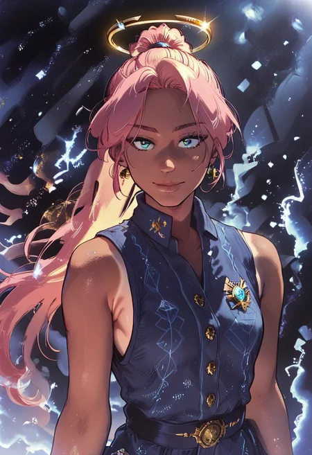 score_8_up, score_7_up, score_6_up, score_5_up, ((adult, cinematic: 1.2, dark theme, full body shot), dramatic lighting, infinity, universe, halo, 1girl, tanlines, straight bang, ponytail, cotton vest, blue shirt with twitter icon, (muryokusho, blue electricity, halo, unimaginable power, universal background, slight smile: 0.7), light pink blue green, (masterpiece))