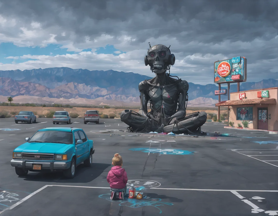 <lora:ssta:0.6>ssta, ruins that look like someone sitting cross legged, woman reaching toward drone child, cars in parking lot, graffiti, restaurant sign, mountains, desert, clouds