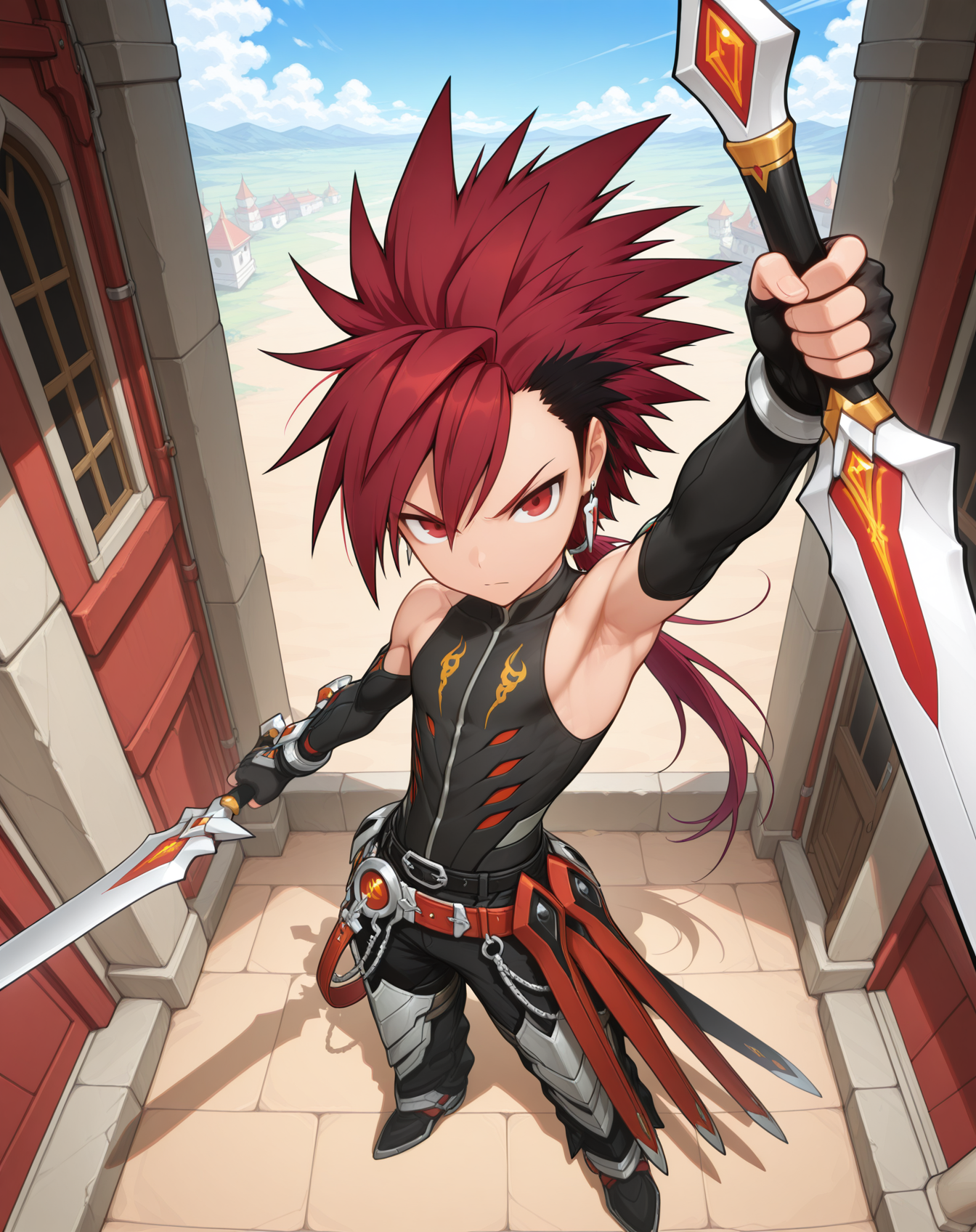 masterpiece, amazing quality, best quality, absurdres, very aesthetic,
1boy, solo, yaoi, male focus, full body, from above, standing, looking at viewer, face focus,
<lora:Elsword_Infinity_Sword_ilxl:1>  elswordis, red hair, red eyes, sword, spiked hair, two-tone hair, ponytail, long hair, black hair, multicolored hair,
fingerless gloves, armor, pants, belt, armpits, jewelry, earrings,
holding, weapon, dual wielding, reverse grip,
outdoors, day, blue sky,