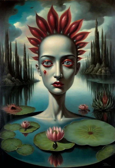 incredible beautiful landscape, dark biomorphic ,dark fantasy,, unusual  waxdrippings  and. a man, a bright  dada face, and women dark surreal  face with red eyes looking straight at you on a waterlily  More surrealism and madness.much more surrealism and crazy designs. With gold and cardinal red surreal Salvador Dali clouds coming out of her head.more surrealism and bizarre designs with bright vibrant colours.