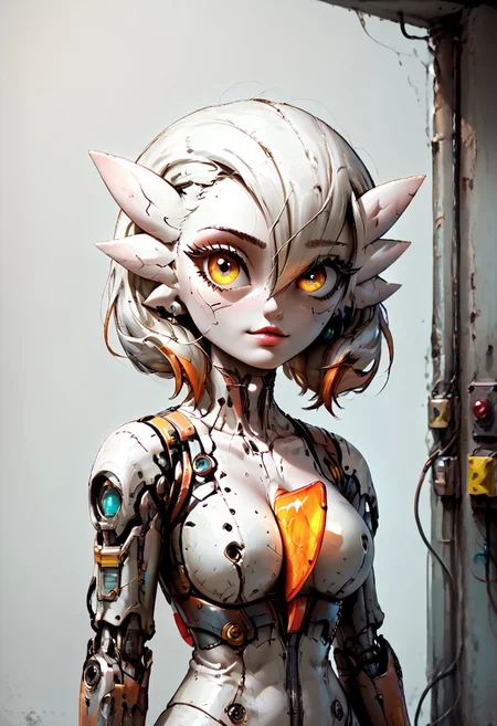 (((gardevoir))), female, anthro, porcelain white skin,(score_9, score_8_up, score_7_up), 1girl, solo, gardevoir, robotic parts, looking away shyly, shy smile, rusty metallic skin, perfect eyes, old robot body parts , wearing firefighter jacket, oversized clothes, cinematic light, upper body, detailed face, cyberpunk face
Masterpiece, best quality, Detailed drawing, dtldr, evi@decrepPunk, rusty robot aesthetic,