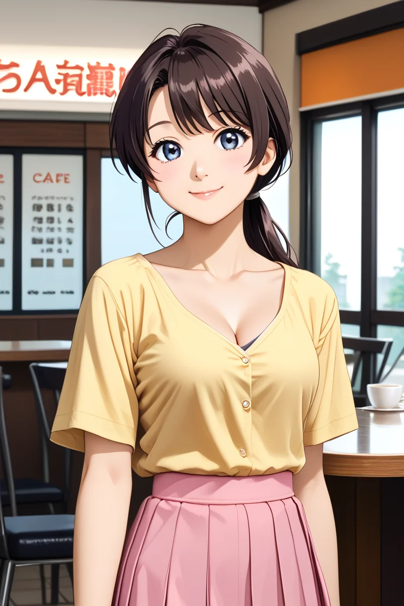 ameku mazuru, 1girl, solo, long hair, looking at viewer, smile, bangs, cafe, casual yellow shirt, medium pink skirt, pleated skirt, closed mouth, cowboy shot, ponytail, medium breast, cleavage , collarbone, <lora:Ameku_Mazuru_ATSK_Pony:1> <lora:HandFixer_pdxl_Incrs_v1:1> make up, elegant smile, detail, <lora:Add_more_details_pony:0.8> low ponytail, young-adult, bare thigh, anime coloring, long hair, big eyes,