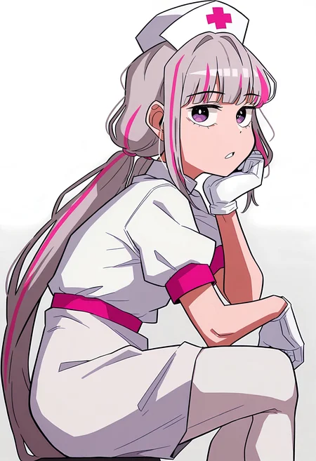 <lora:The_main_character_is_the_villain_-_Manwha_style_LoRA__Illustrious:0.8>,
mag1cal, <lora:MagicalDestroyers:0.8>,
1girl, dot nose, from side, gloves, grey hair, hand on own chin, hat, head rest, long bangs, long hair, looking at viewer, low twintails, multicolored hair, nurse cap, pantyhose, parted lips, pink hair, puffy short sleeves, puffy sleeves, purple eyes, shirt, short sleeves, sidelocks, skirt, solo, streaked hair, teeth, twintails, very long hair, virtual youtuber, white gloves, white pantyhose, white shirt, white skirt, best quality, amazing quality, very aesthetic, absurdres