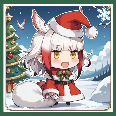 score_9, score_8_up, score_7_up, masterpiece, best quality, zzPadoru, blush, smile, open mouth, meme, holding sack, santa hat, dress, 1girl, solo, japanese crested ibis (kemono friends), head wings, multicolored hair, two-tone hair, white hair, red hair, long hair, blunt bangs, bangs, sidelocks, yellow eyes, bird tail, tail, long sleeves, wide sleeves, chibi, snow, Christmas tree, Christmas lights, Christmas border, red and green border, Christmas wreath border, presents, Christmas_card_outline