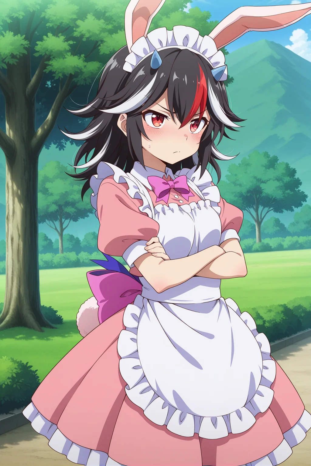 absurdres, highres, masterpiece, best quality, amazing quality, official anime artwork, screencap, anime screencap, outdoors,
<lora:Seija-Kijin_Illustrious:1> kijin seija, 1girl, solo, red eyes, black hair, multicolored hair, streaked hair, horns,, kijin seija \(rebellious maid\), alternate costume, animal ears, rabbit ears, cone horns, maid, maid headdress, pink dress, short sleeves, puffy sleeves, pink bow, pink back bow, pink ribbon, apron, white apron, frills, rabbit tail,