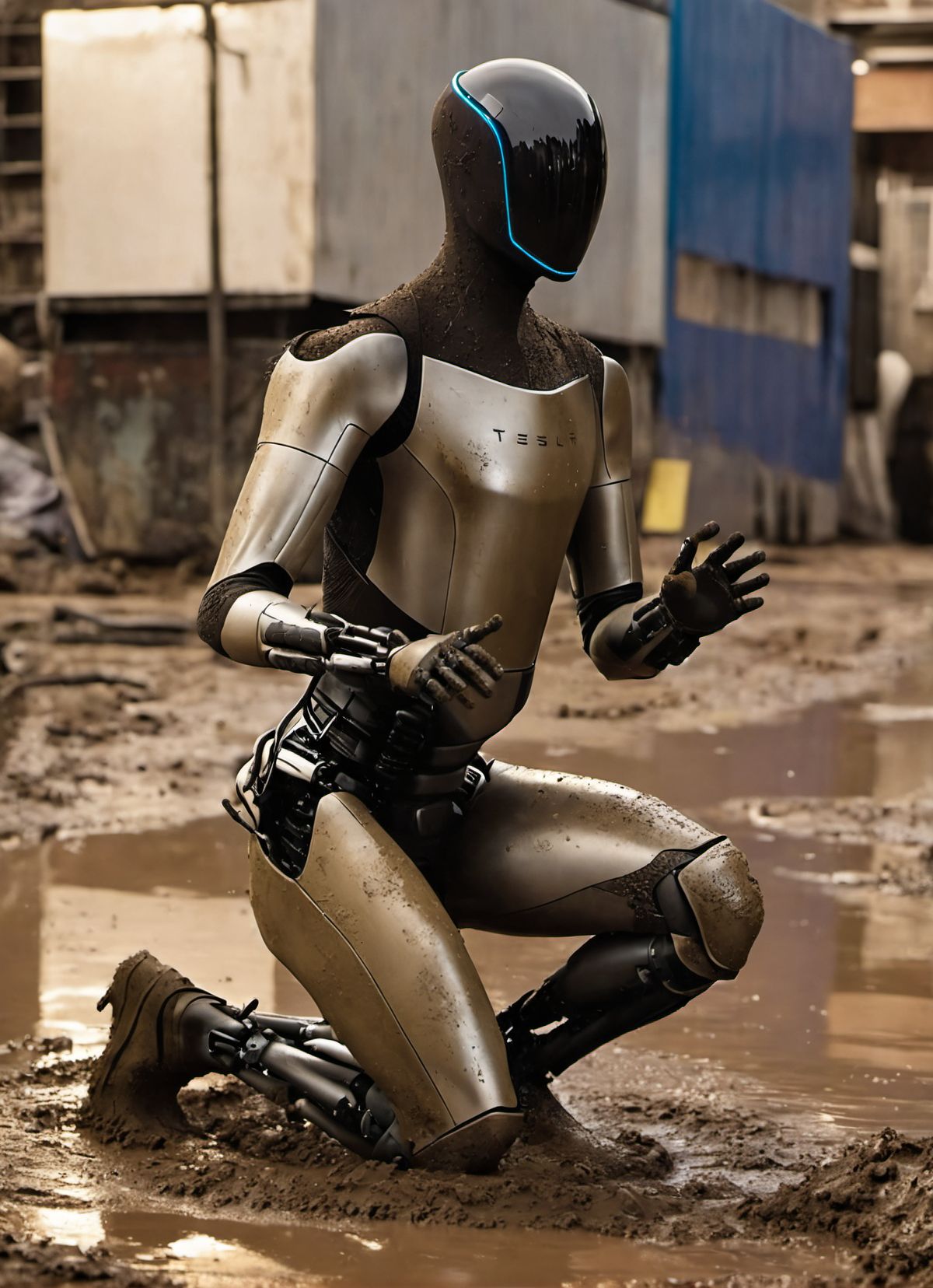 teslabot, gen-2, covered in mud a cyberpunk city, dirty teslabot, (peace|reaching out|kneeling|slutty|confident|focused|candid|relaxed:1.5) full body shot, masterquality, photograph, high quality, proportional, focused, hyperrealistic                             <lora:teslabot:1> <lora:perfect hands:1>