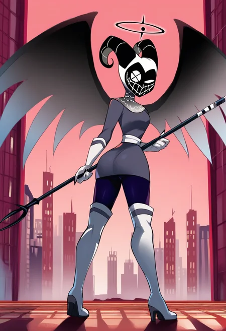 1girl, <lora:lute_hazbin_hotel_ponyxl_v1:0.9>, lute, full body, red sky, from behind, ass, looking back, profile, evil smile, half-closed eye, holding polearm, weapon, skyscraper, red building, standing, open mouth, solo, wings, horned mask, masked, grey dress, white sash, purple pantyhose, thigh boots, black halo, holding weapon, chainmail collar, cross-shaped eye,
BREAK
score_9, score_8_up, score_7_up, masterpiece, best quality