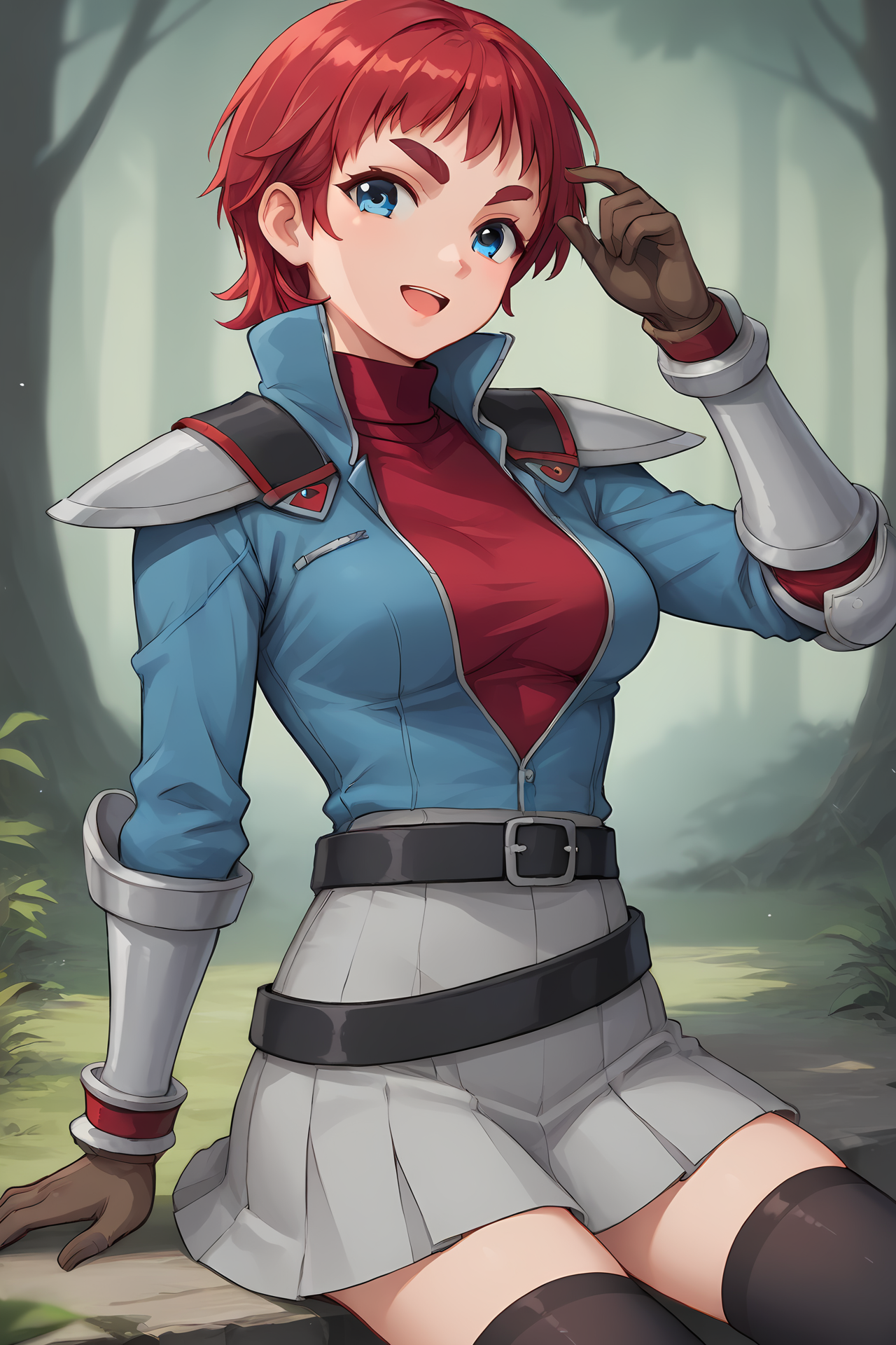 (blue jacket red hoodie red turtleneck shoulder pads vambraces grey skirt black belt brown gloves black thighhighs:1.60), cra-kristen, blue eyes, red hair, short bangs, short hair, thick eyebrows, 
medium breasts, 1girl, solo, skinny, (source_anime, score_9, score_8_up, score_8, score_7_up), score_7, score_6_up, score_6, score_5_up, score_5, 
(happy:1.10),
(0.2:outdoors forest:1.30),
(:1.20), (feet:1.10),
<lora:cra-kristen-V03:0.60>