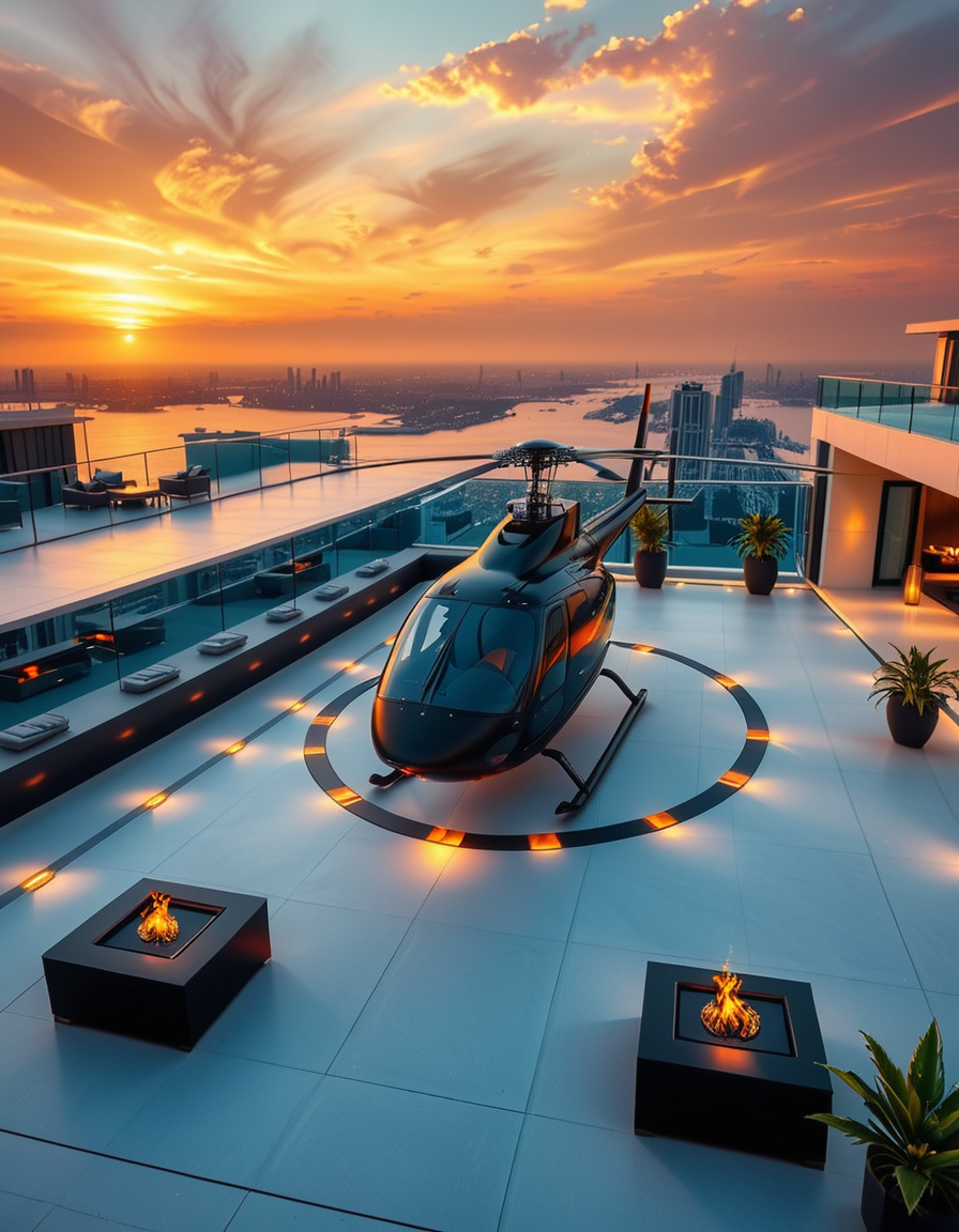 A high-resolution photo of a luxurious rooftop of a five-star hotel at sunset, featuring a sleek helipad with a high-end, matte-black private helicopter elegantly parked. The rooftop is designed with ultra-modern architecture, featuring a spacious terrace with infinity-edge glass railings, ambient lighting, and a panoramic city skyline in the background. The surface of the helipad is clean, polished concrete with clear illuminated markings. Surrounding the helipad, there are lounge areas with modern outdoor furniture, minimalist fire pits, and decorative planters with tropical greenery. The lighting is warm and golden, casting soft shadows and highlighting the contours of the helicopter and the textures of the rooftop. The sky is dramatic, painted with hues of orange, pink, and violet, creating a cinematic atmosphere of luxury and exclusivity. The overall mood is elite, calm, and aspirational, showcasing the ultimate in urban luxury lifestyle.
<lora:SDXLFaeTastic2400:0.4> <lora:extremely_detailed:0.4> extremely detailed, <lora:helipad_r00ft0p:1>,helipad r00ft0p, Masterpiece,best quality,hi res,8k,hi res,8k,award winning,(sharp focus, intricate, highly detailed),