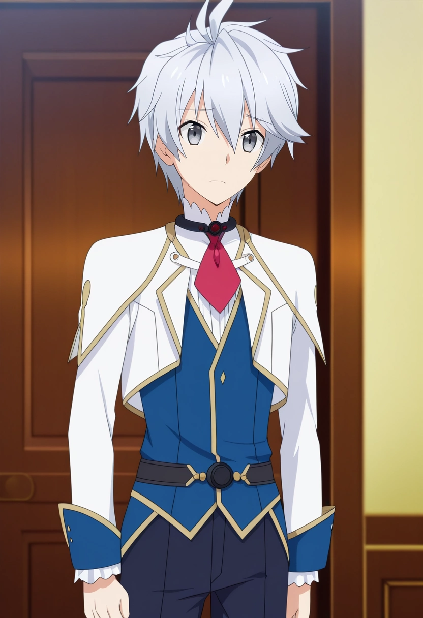 masterpiece, best quality, anime screencap, official style, anime coloring, cowboy shot, 1boy, solo, male focus, <lora:lux_arcadia_ilxl:0.92>, lux_arcadia, grey hair, grey eyes, short hair, hair between eyes, ,