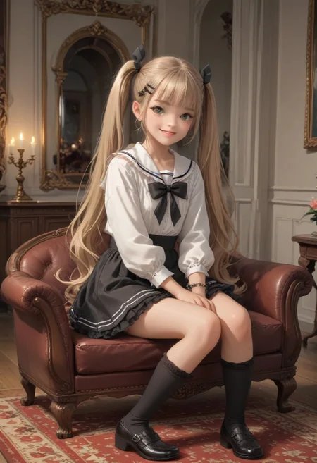 score_9, score_8_up, score_7_up, masterpiece, best quality, highly detailed, (masterpiece, best quality, highly detailed), very detailed face, hyperrealistic, (UHD quality details), beautiful face,
Sitting on luxurious sofa,
1 girl, legal age, young, petite, flat chest, small breast,
Luxurious earings, necklace, Bracelet,
Smile, happy,
Azuma Himari
(petite:1.2)
very long hair, blonde hair, twintails, sidelocks, blunt bangs, small breasts, , green eyes, 
hair ornament, hair bow, black bow, hair ribbon, hairclip
school uniform, white sailor collar, black bowtie, white shirt, long sleeves, animal bag, miniskirt, black skirt, suspender skirt, frilled skirt, black socks, frilled socks, mary janes, black footwear
Sitting on luxurious sofa,
Luxurious dining room, chateau, fireplace, fire in the fireplace, chandeliers, candles, window, carpet, curtains, paintings on the walls, table, sofa, 
Cowboy shot,  Dynamic move, Moving,
Working, 
Side view