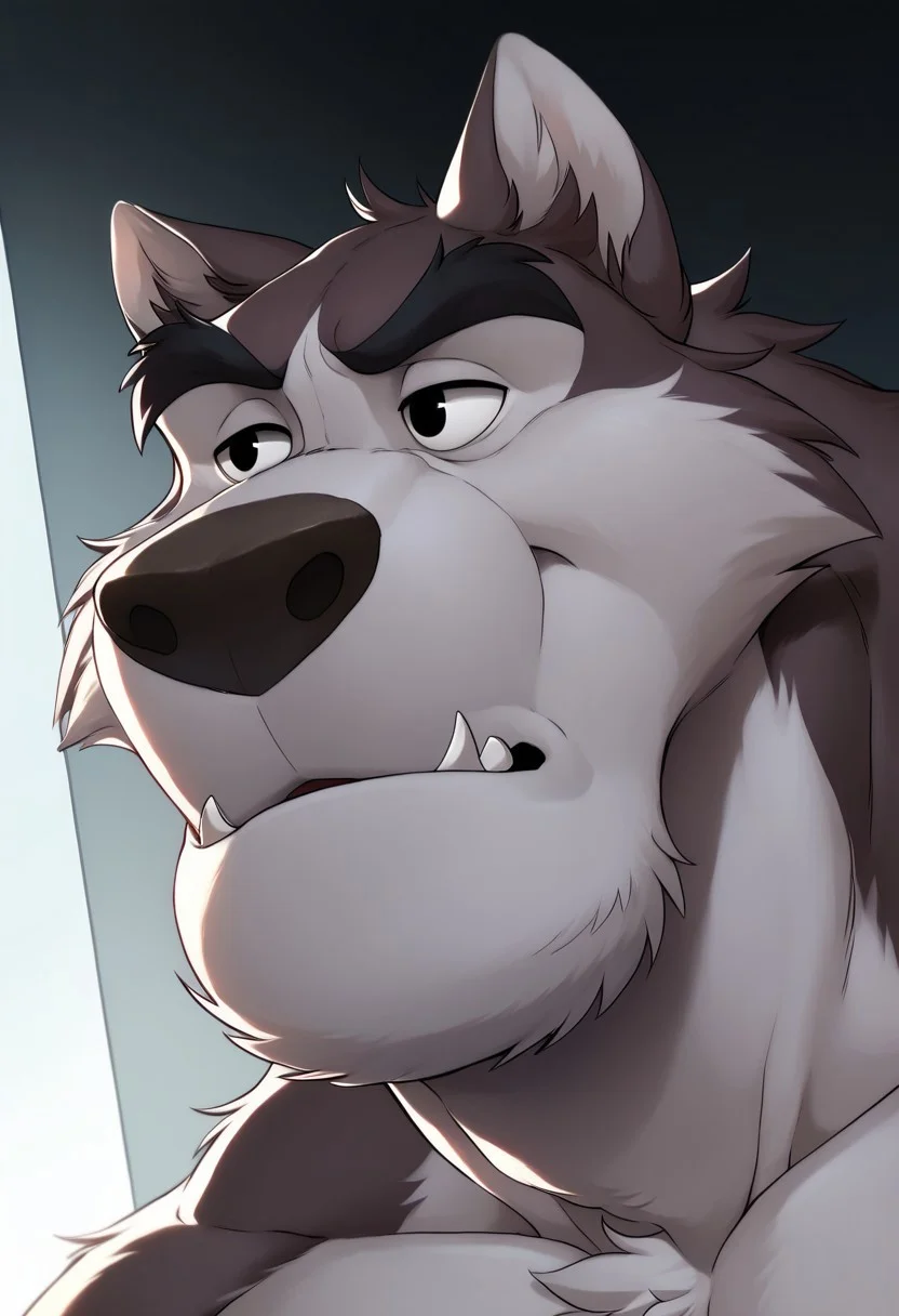 score_9, score_8_up, score_7_up, nuk (balto), (soft shading), anthromorphic body, hi res, eyes focus, perfect eyes, black eyes, dark grayish fur, handsome
