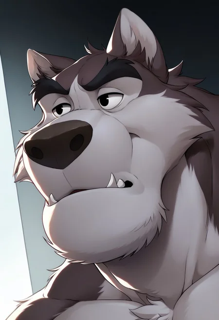 score_9, score_8_up, score_7_up, nuk (balto), (soft shading), anthromorphic body, hi res, eyes focus, perfect eyes, black eyes, dark grayish fur, handsome