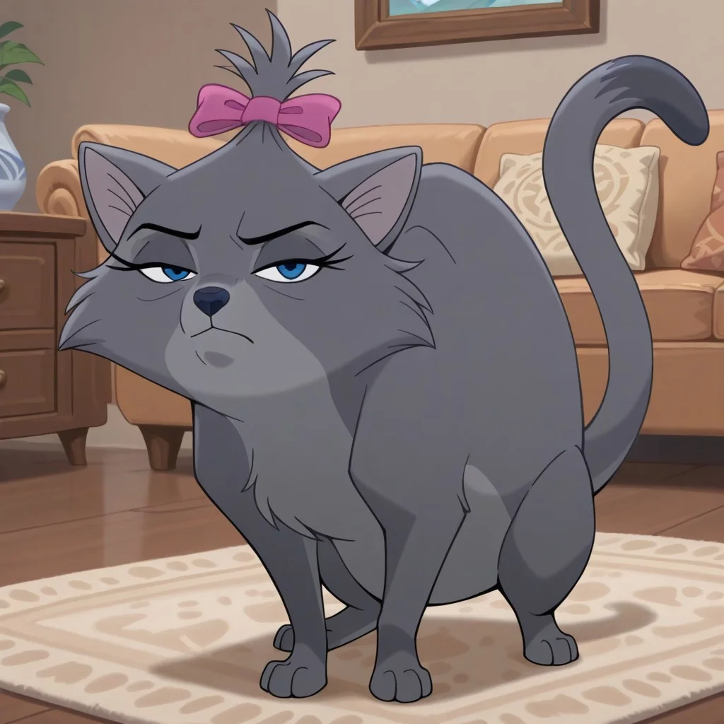 Zelda(TFaTH2), Solo, 1girl, feral, cat, gray fur, blue eyes, eyelashes, black nose, cat tail, pink bow, hair bow, looking at viewer, full body, eyes half closed, frowning, standing, living room background,