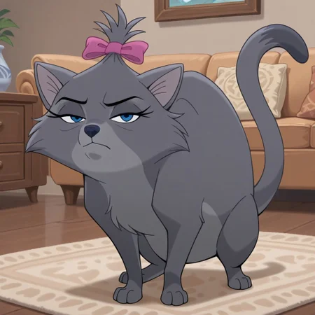 Zelda(TFaTH2), Solo, 1girl, feral, cat, gray fur, blue eyes, eyelashes, black nose, cat tail, pink bow, hair bow, looking at viewer, full body, eyes half closed, frowning, standing, living room background,