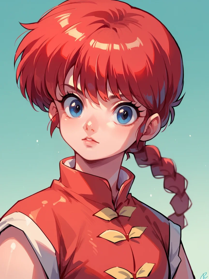 score_9, score_8_up, score_7_up, score_6_up, score_5_up, <lora:RanmaXLP:1> ranma, red hair, 1girl, solo, blue eyes, braided ponytail, chinese clothes
