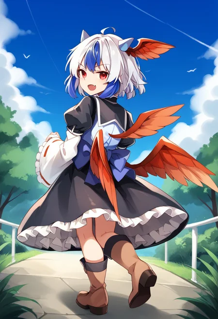 score_9, score_8_up, score_7_up, source_anime, TOKIKO (TOUHOU), TOKIKO REGULAR WEAR, 1girl, solo, looking at viewer, smile, short hair, open mouth, skirt, red eyes, long sleeves, dress, bow, blue hair, full body, white hair, :d, multicolored hair, boots, frills, wings, horns, fang, puffy sleeves, looking back, black skirt, from behind, two-tone hair, v-shaped eyebrows, black bow, brown footwear, frilled dress, frilled skirt, juliet sleeves, head wings, tachi-e, red wings, tokiko \(touhou\)