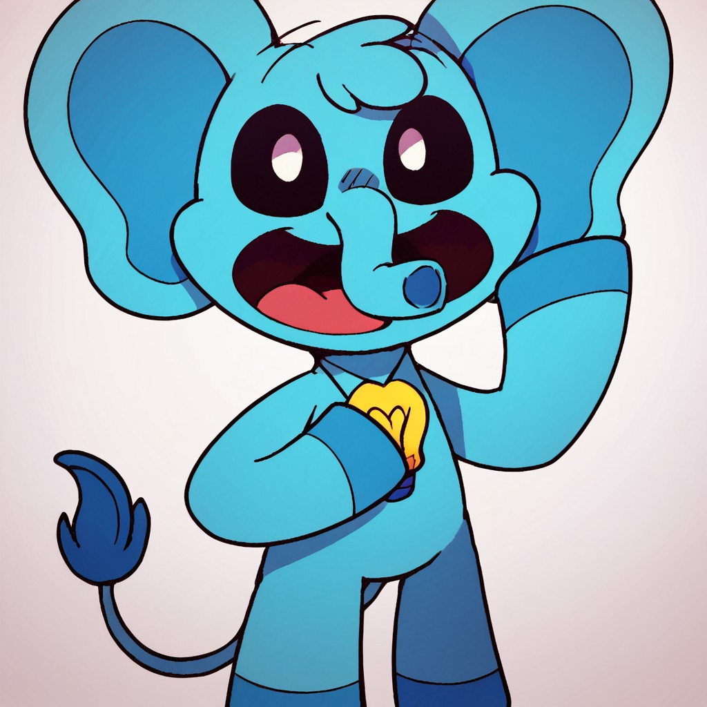 score_9, score_8_up, score_7_up, solo, elephant, cyan body, anthro, young, black sclera, white pupils