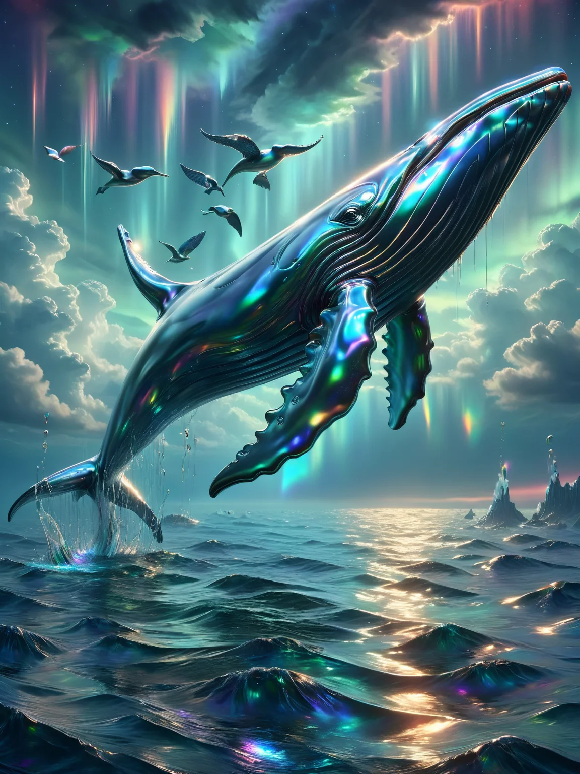 A surreal landscape where the ocean and sky merge, with ais-metalz whales swimming among the clouds and iridescent birds diving into the water, under a multicolored aurora <lora:Metallic_Iridescence_SDXL:1>