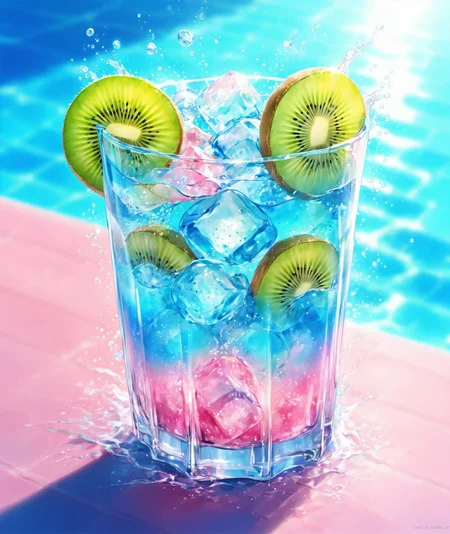 masterpiece,1cup,ice cube,kiwi,drink,pink|blue bubble water,swimming pool background,warmlight,Summer_drinking_style,<lora:Summer_drinking_style-model:1>,