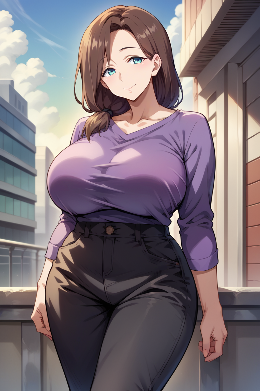 score_9, score_8_up, score_7_up, score_6_up, source_anime, BREAK 1girl, solo,  <lora:aimom-pdxl-nvwls-v1-000005:1> aimom, brown hair, hair over shoulder, mature female, purple shirt, long sleeves, black pants, large breasts, looking at you, smile, blue sky, city