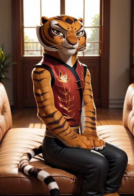 score_9, score_8_up, score_8, <lora:Master_Tigress_Kung_Fu_Panda_for_PonyXL:0.8> 1girl, m4stertigr3ss, solo, tail, looking at viewer, red qipao, black silk pants
Sitting on couch, living room, window,