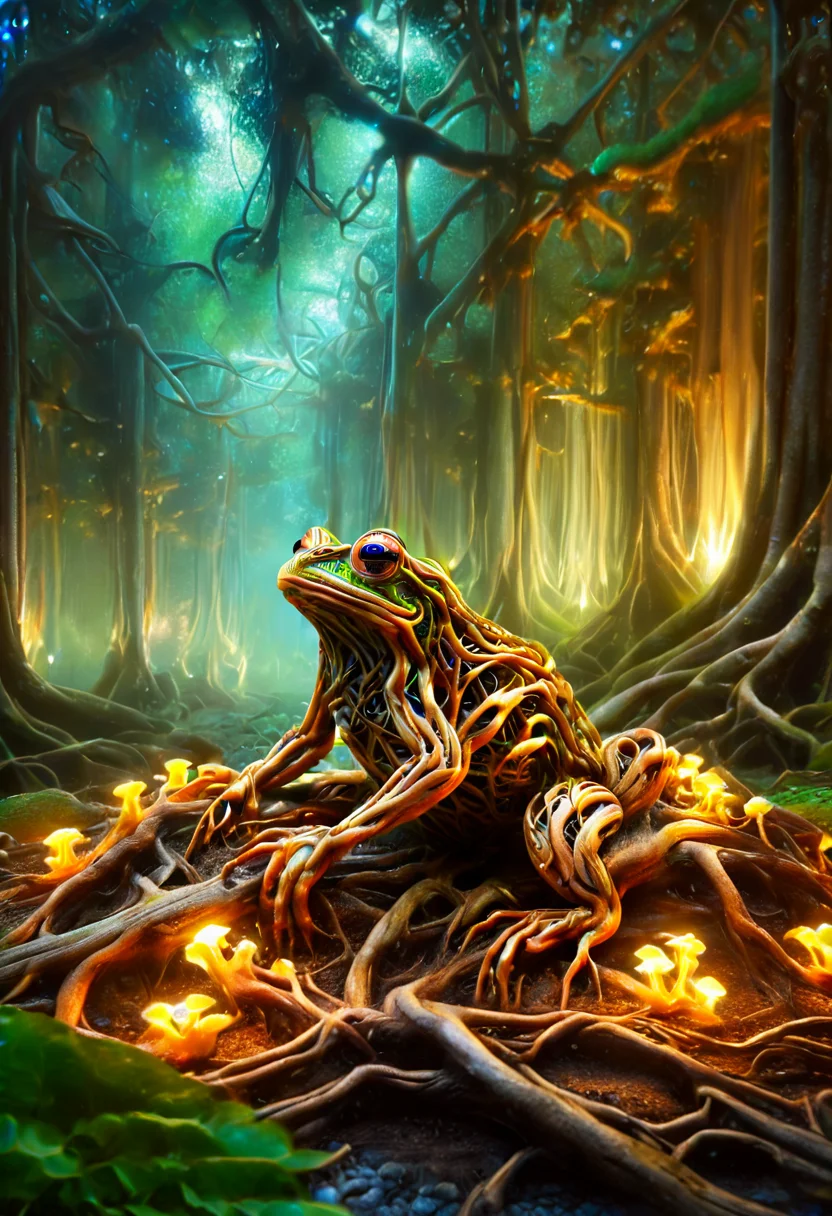 morph-treeroots,macro photo, a beautiful frog, glowing lights<lora:tree roots_0_100_V1-000008:1>