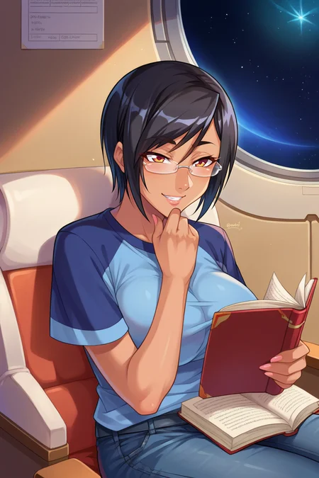 score_9, score_8_up, score_7_up, score_6_up, source_anime, BREAK 1girl, solo, <lora:naomievans-pdxl-nvwls-v1-000005:1> pbNaomi, tan skin, black hair, large breasts, blue t-shirt, jeans, sitting, space station, reading book, glasses, happy