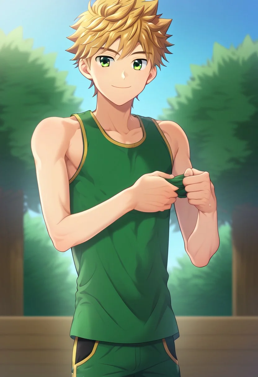 hikarishi_kenji, blond hair, short hair, bangs, green eyes, 1boy, (solo:1.20), solo focus, character with (athletic body:1.1), (balanced:1.2), green tank top, wear black trunk, smile, proportional body, strong lower body, handfixer