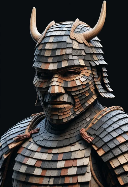 detailed, realistic, 8k uhd, high quality, masterpiece, mad-shingles, samurai, samurai armor made of shingles, samurai_mask, black background