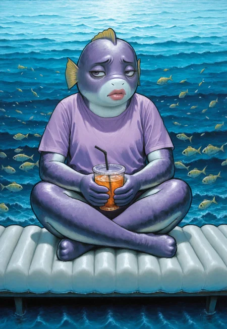 solo, lukch, no humans, on chair, sitting, legs crossed, fish, lips, purple shirt, holding drink, looking at viewer, sideways glance, furrowed brow, on raft, ocean,
traditional media, best quality, absurdres, [dynamic pose]