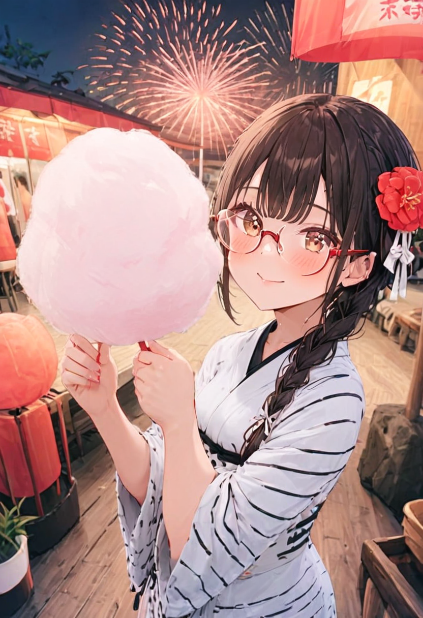 masterpiece, best quality, very aesthetic, absurdres,
cotton candy, 1girl, solo, glasses, black hair, holding, holding food, food, skewer, yukata, hair flower, braid, night, summer, paper lantern, 
 <lora:wataame_SDXL_V1:1>