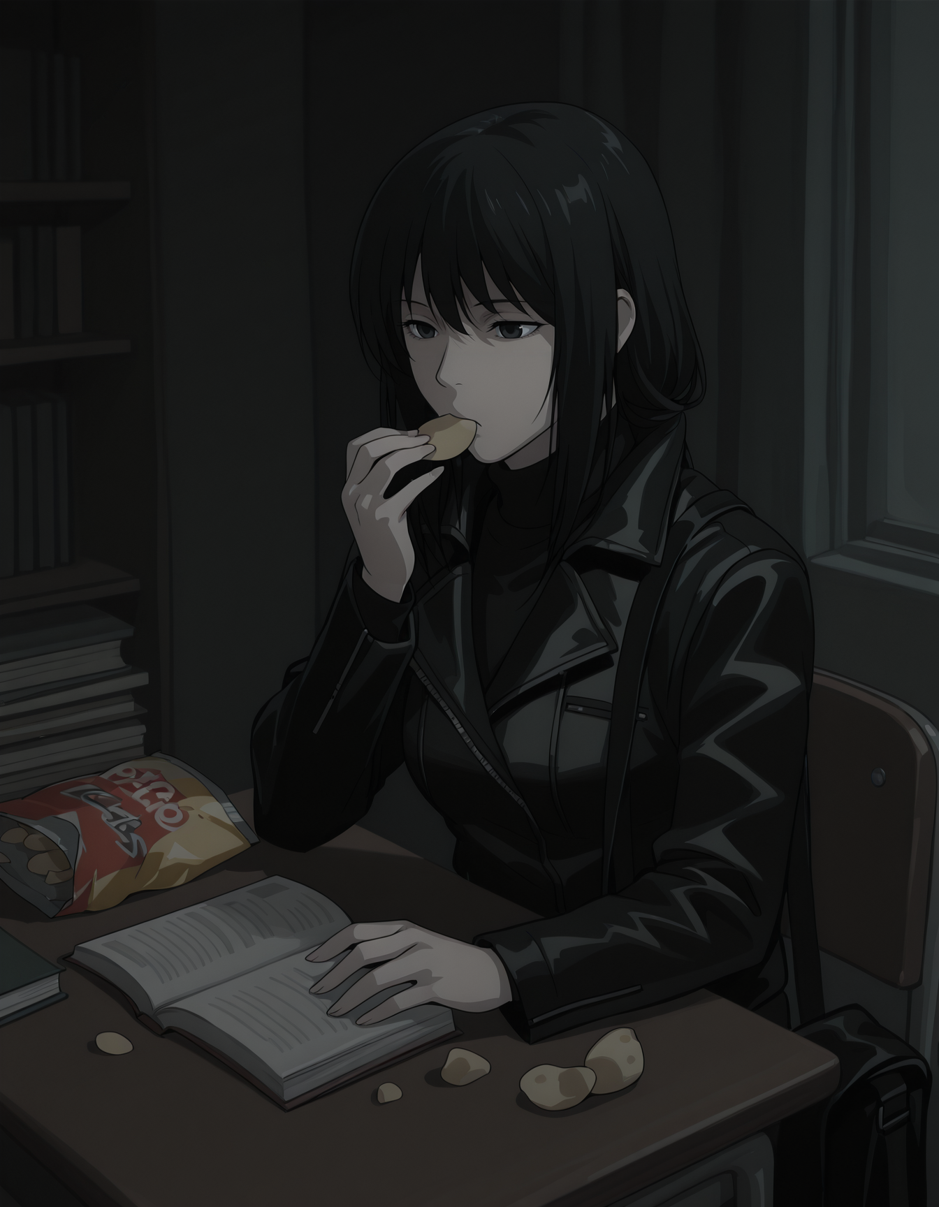 <lora:naomi-illustrious-000020:1> n4om1dn, turtleneck, jacket,
1girl, solo, sitting, eating, potato chips, desk, book, bag of chips, dark, indoors